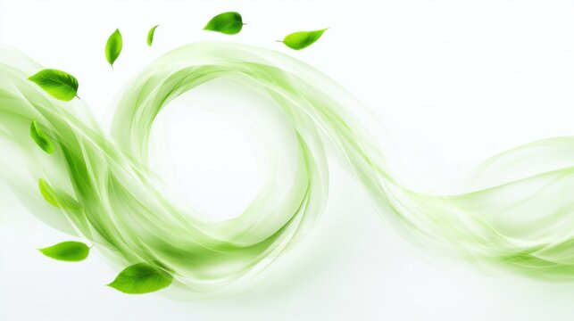 Translucent green silk ribbon swirling in circle with floating fresh leaves, eco nature and clean energy abstract background