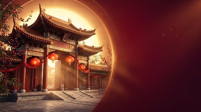 Traditional chinese gate architecture with red lanterns with structure illuminated glowing