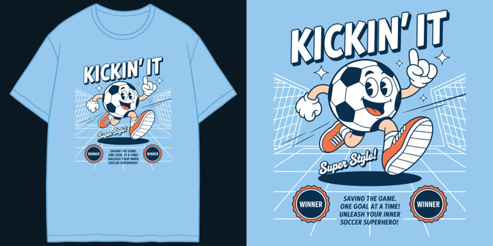 kickin it super style winner soccer mascot running character badges text slogan vector illustration artwork