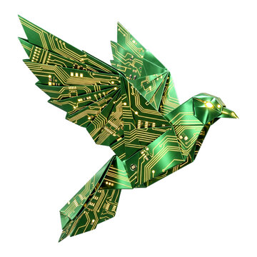 A futuristic origami bird made from green electronic circuit board patterns