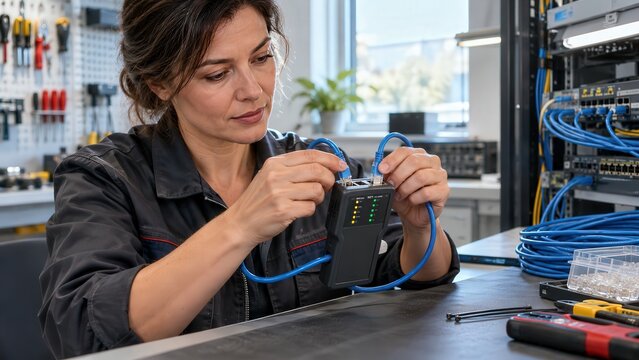 Network technician testing a copper patch cable