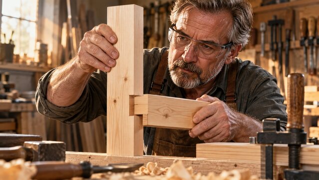 Older apprentice practicing a woodworking joint