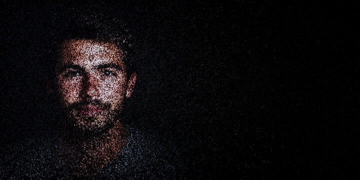 Digital ID Portrait of Man with Face made up of Code. Credential management Concept with copy-space.