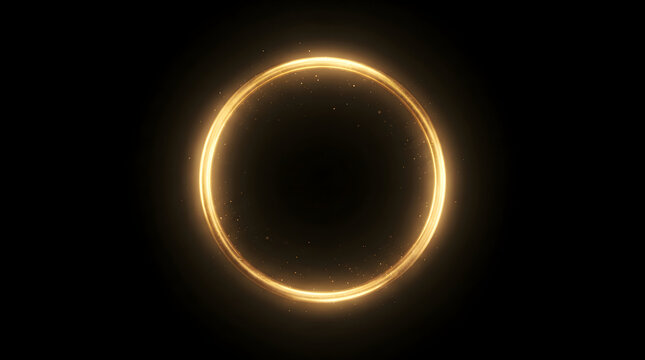 Glowing golden ring of light on black background, ethereal circular fire frame, luminous magic portal effect for cinematic design and luxury branding