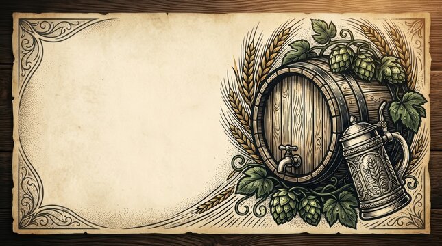 Traditional Woodcut Tattoo Style Beer Banner with Wooden Barrel, Hop Vines, Barley, and Bavarian Stein on Aged Parchment Background with Large Copy Space for Oktoberfest