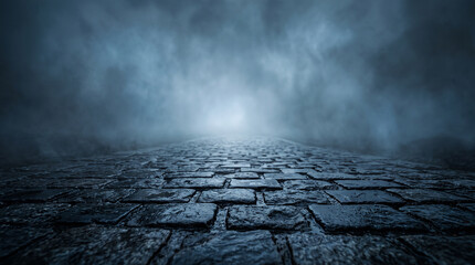 Obraz premium Cobblestone street photo in dark foggy night. Wet stone pavement road vanishing into misty horizon with dim moonlight. Moody atmospheric background for horror and mystery themes.