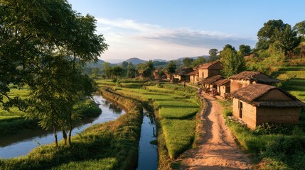 Obraz premium Scenic countryside scene featuring rice paddies, winding waterways, and rustic homes in a green village setting