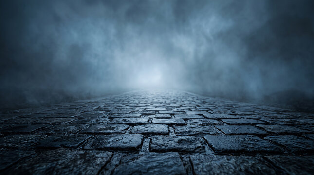 Cobblestone street photo in dark foggy night. Wet stone pavement road vanishing into misty horizon with dim moonlight. Moody atmospheric background for horror and mystery themes.