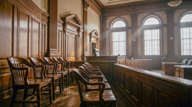 Interior of an empty courthouse with wooden chairs and bright windows  
