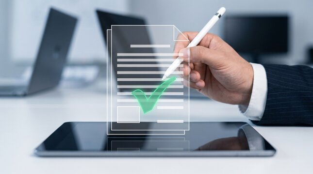 Digital contract certification, electronic document approval workflow process with executive hand signing legal agreement using digital stylus beside glowing holographic compliance checkmark.