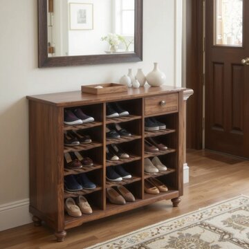 Organised wooden shoe rack cabinet in a home foyer, small key tray on top, clean mirror above
