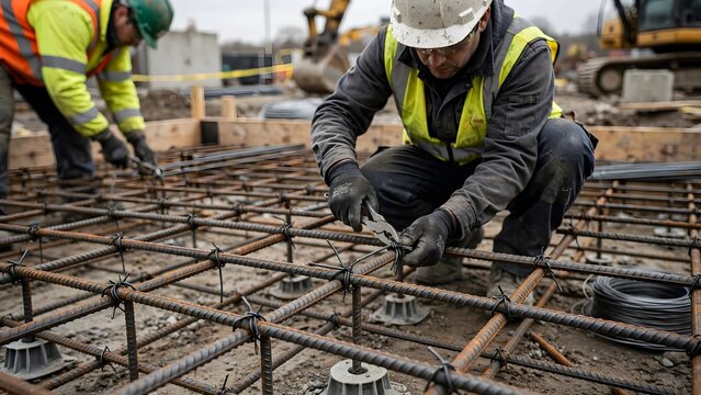Construction workers tying rebar grid reinforcement steel wire with pliers at a foundation job site.