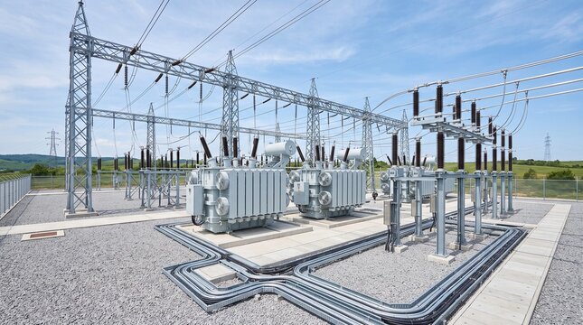 Electrical substation with high voltage power transformers and lines.