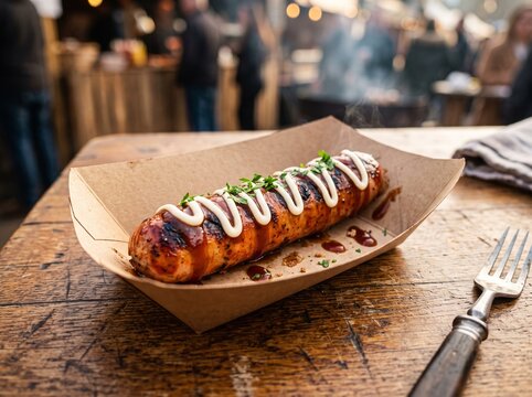 Grilled sausage with barbecue sauce and mayonnaise in paper boat at street food market on wooden table