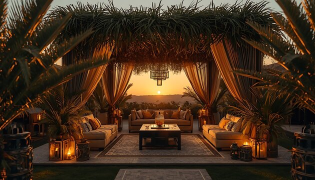 Cozy outdoor lounge area inside a sukkah under sunset sky with evening relaxation wooden structure garden furniture outdoor living palm branches shaded area rustic decor event venue