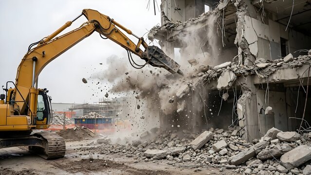 Heavy machinery demolition excavator breaking down a concrete building with debris and dust during a construction site demolition.