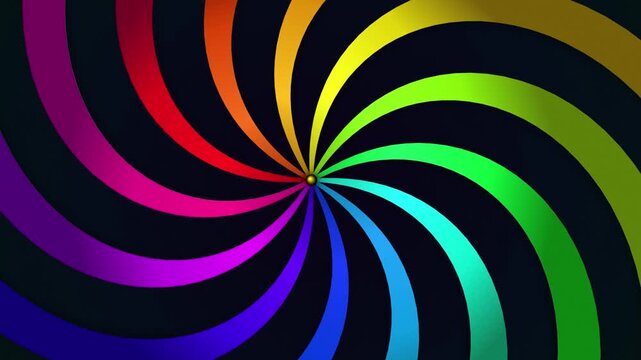 Rainbow color spiral motion background with radial stripes and center point color swirl abstract spiral colors colorful vortex spiral pattern