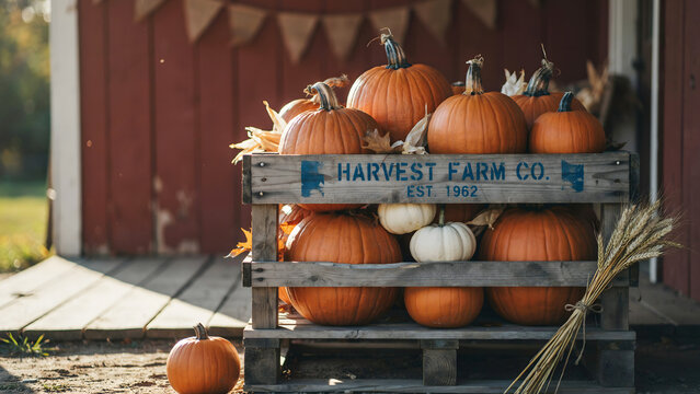 A rustic wooden crate with the text harvest farm co. est 1962, filled with various orange and white pumpkins, sitting on a wooden porch floor