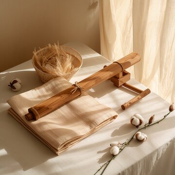 Rolled wooden charkha spinning tool with folded khadi fabric, raw cotton bolls, and basket on a sunny table