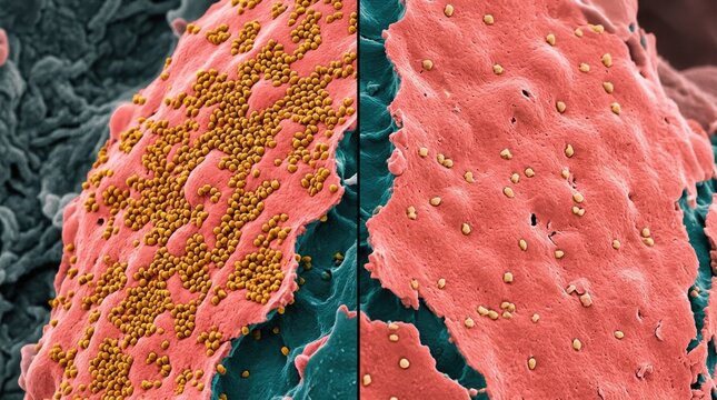 Synaptic comparison showing a healthy dopaminergic cleft next to cocaine blocked neural pathway, demonstrating massive dopamine accumulation, molecular neurotransmitter flooding.