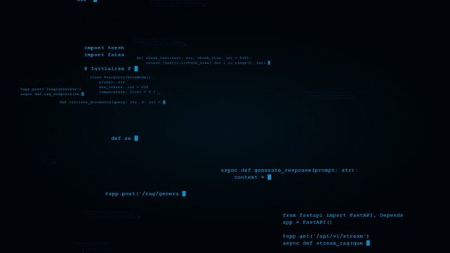 Modern cyber blue AI agent programming code scrolling seamless loop 4k tech background video