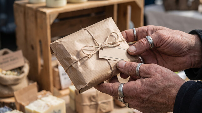 Artisanal gift package wrapped in brown kraft paper with twine and tag held by hands with rings.