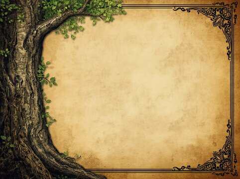 Old parchment paper background with tree trunk and vines border