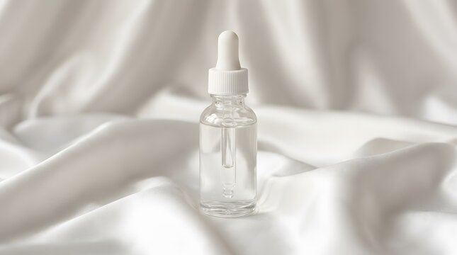 Clear glass dropper bottle with facial serum on soft white fabric