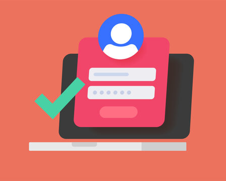 Login password window form on laptop computer screen as security access passed successfully icon vector 3d minimal illustration, signin to user profile web application clip art modern