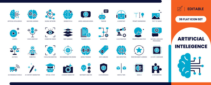 Artificial intelligence glyph icon set for technology