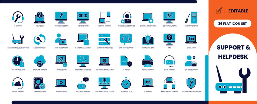 IT support and helpdesk glyph icon set