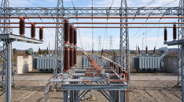 Electrical power substation with high voltage transformers and equipment.