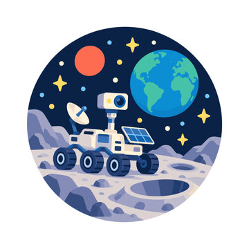Space rover illustration on a cratered lunar landscape with Earth and colorful planets for exploration and science education