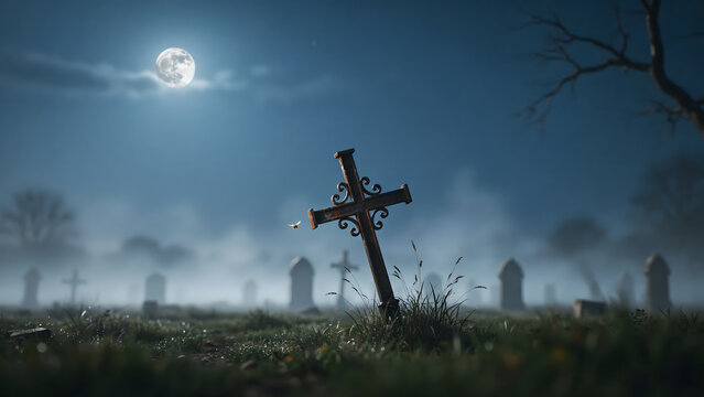 A weathered metal cross tombstone in a foggy cemetery at night illuminated by the glowing light of a full moon in a dark and cloudy sky