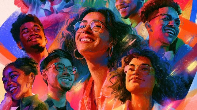 Vibrant collage of diverse youth portraits over a neon multicolor background capturing smiles and emotion