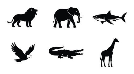 Fototapeta premium Wild Animal Silhouettes: Lion, Elephant, Shark, Eagle, Crocodile, Giraffe Icons