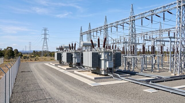Electrical substation transformers distributing high voltage power grid energy.