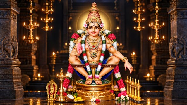 Lord Ayyappa seated inside illuminated temple sanctum
