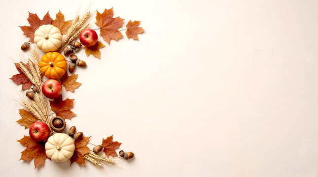 Autumn background with pumpkins and colorful leaves on white surface