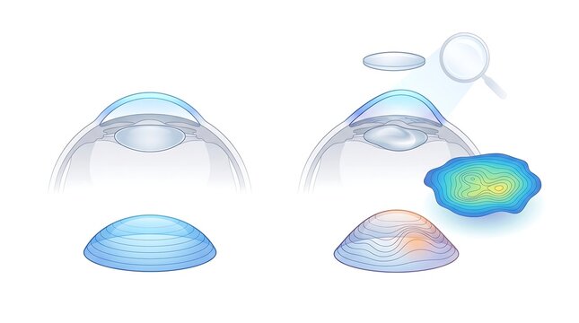 Medical illustration showing corneal crosslinking procedure for keratoconus treatment.