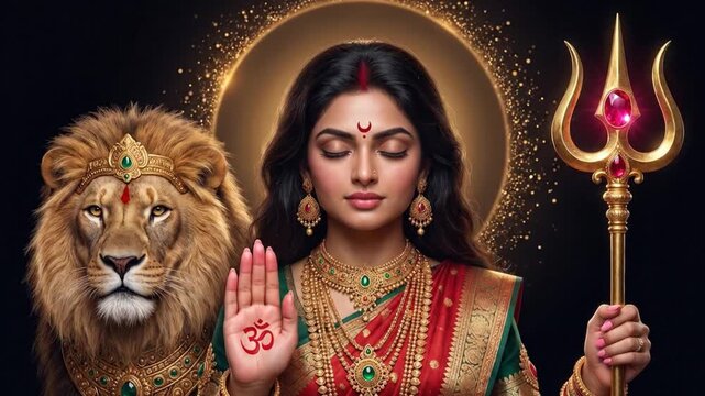 Goddess Durga with lion and trident in a golden devotional portrait