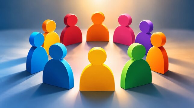 Colorful wooden figurine people arranged in a circular formation representing unity with wooden figures