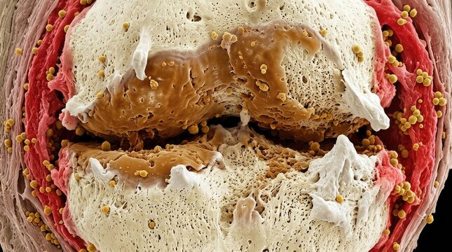 Joint degradation condition: arthritis symptom, arthrosis process, osteoarthritis evidence, osteoarthrosis impact, cartilage erode, bone loss, tissue rupture, cellular damage, microscopic view.