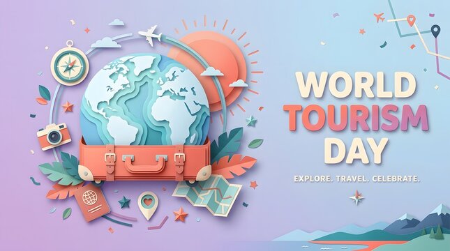 Papercraft globe suitcase and travel icons celebrate world tourism day