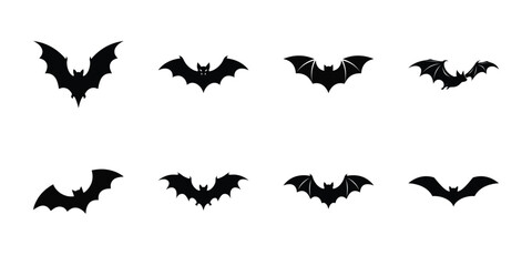 Fototapeta premium Black bat silhouettes depict nocturnal flying mammals in various poses