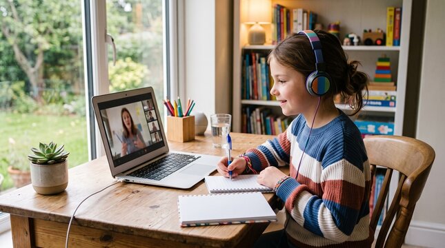 Little Girl Studying Online at Home with Laptop and Headphones
