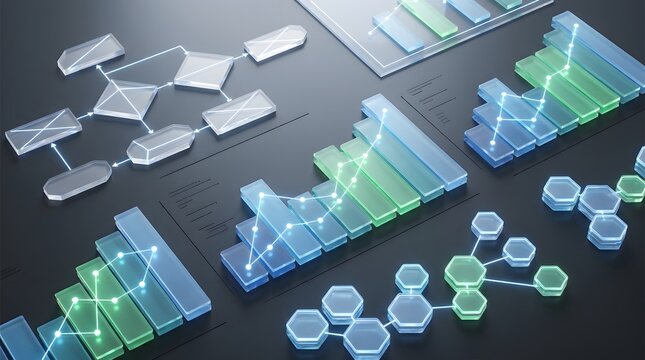 3d business charts and data flow diagrams on black background