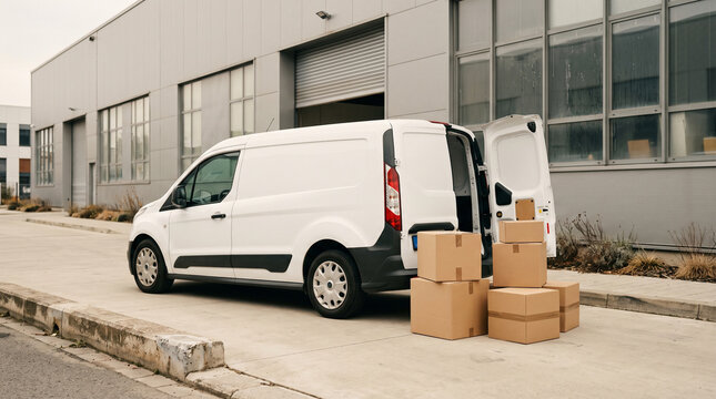 white delivery van with cardboard boxes parked outside warehouse building