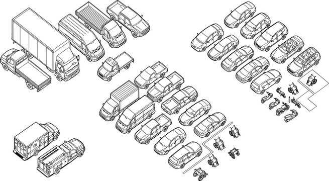 Isometric set of various vehicles including cars, trucks, vans, motorcycles, and wheelchairs isolated on white background