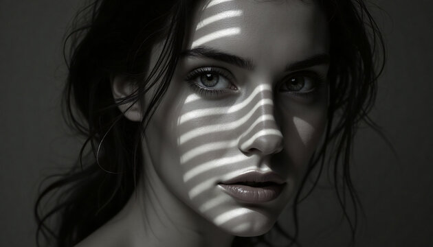 Dramatic black and white studio portrait of beautiful young woman with blinds shadow pattern on face